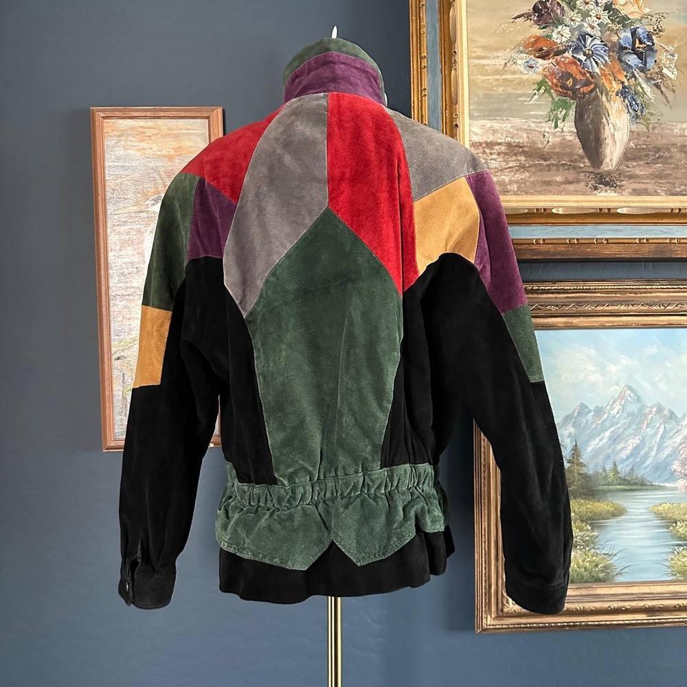 Vintage 80s 90s Colorful Patchwork‎ Leather Bomber Jacket Made in Korea Size L - Picture 2 of 9